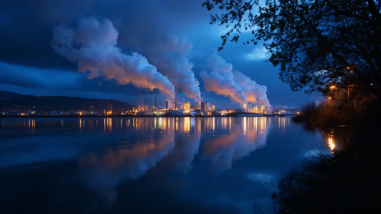 Denne fantastiske udsigt er taget i skumringen og afslører et industrielt landskab med bølgende røg, der stiger op fra skorstene, som spejler sig i et roligt vand, hvilket illustrerer samspillet mellem natur og industri i tusmørket