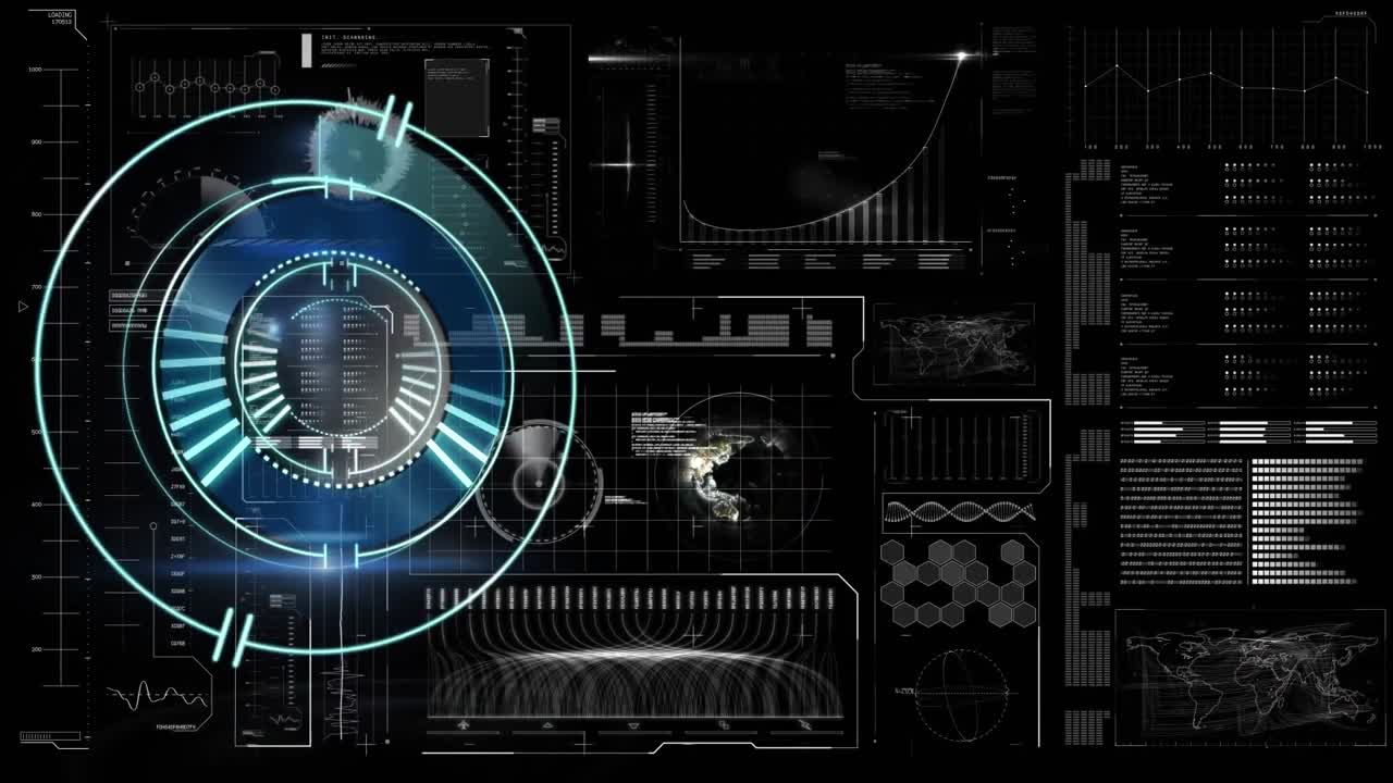 Animazione di orologio ed elaborazione di statistiche su sfondo scuro