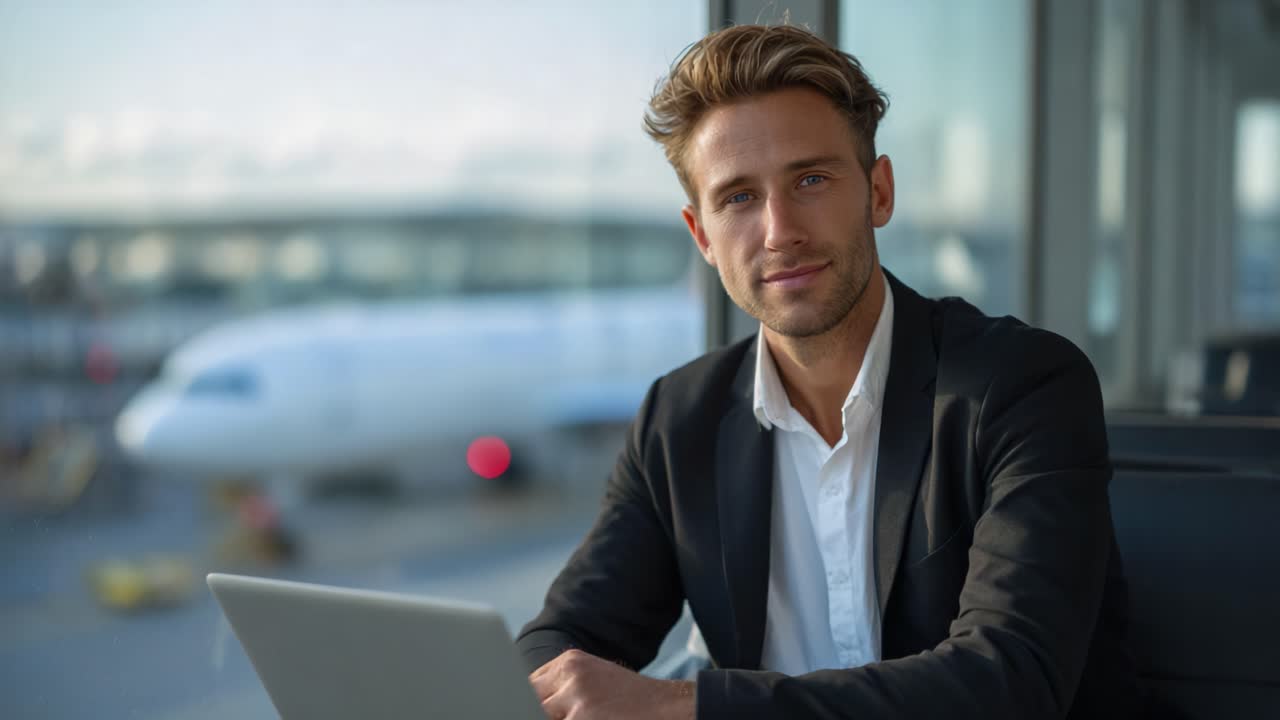 Professionista che usa un portatile nella sala d'attesa di un aeroporto, con un aereo sullo sfondo, a rappresentare il viaggio, il lavoro e la connettività moderna in ambienti contemporanei
