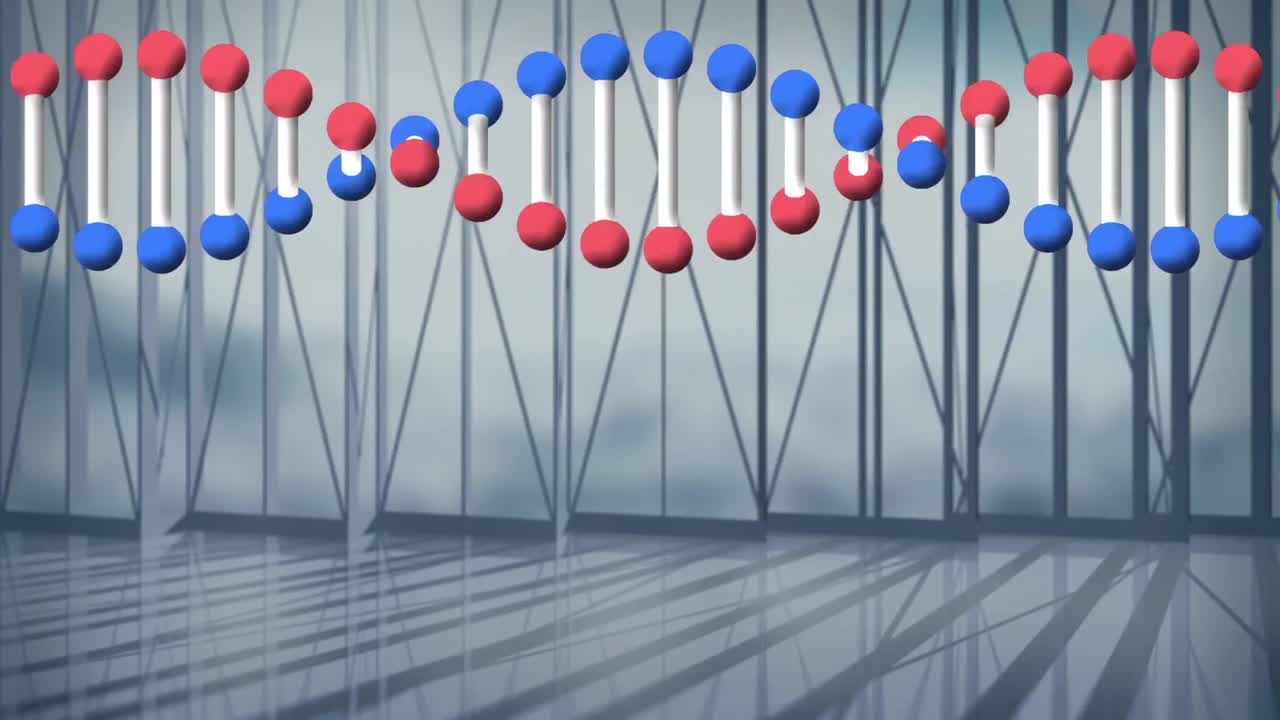 animación de la cadena de adn que gira sobre el edificio moderno y el paisaje urbano