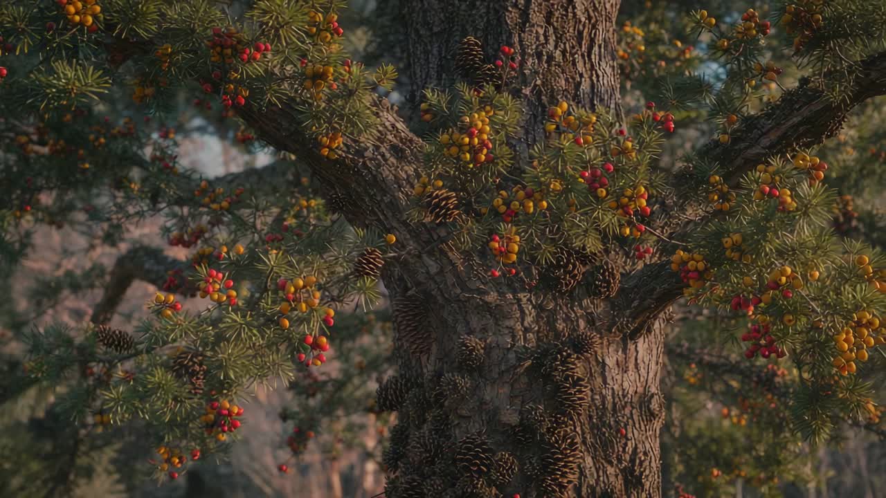 Pulling camera back panning outward in forest, revealing trunk with pine cones red yellow berries