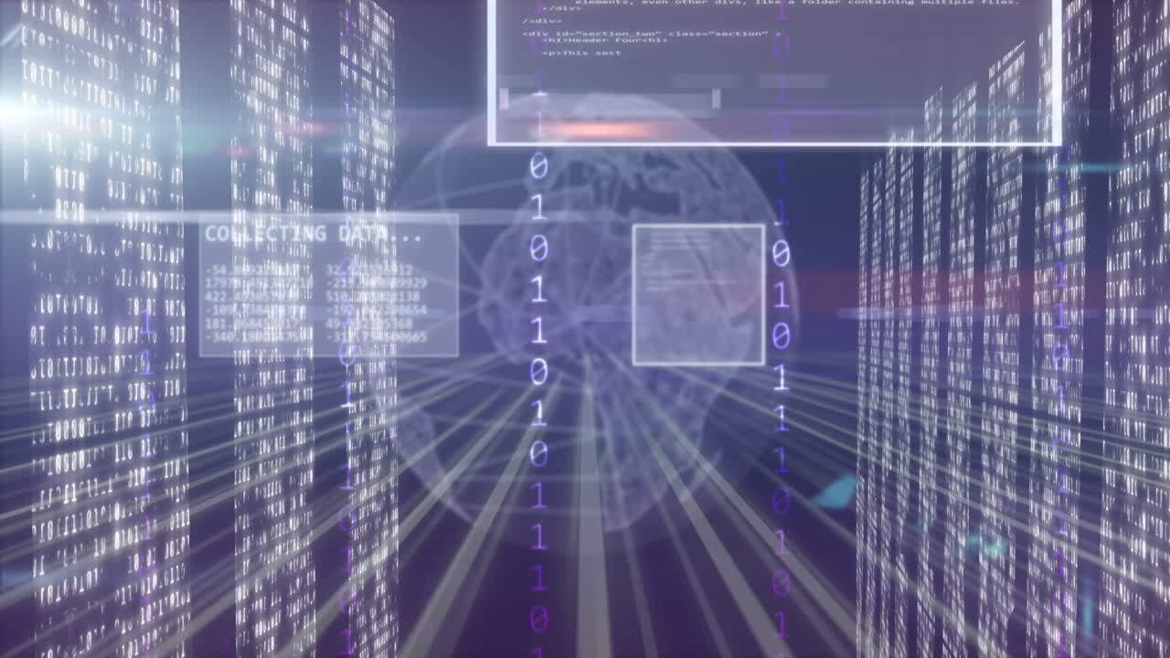 Animation of globe, data processing and connections over computer servers