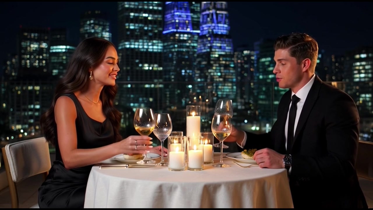 Coppia elegante che cena romanticamente con vista sullo skyline della città