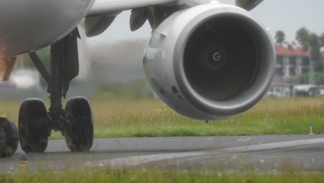 close-up view of an aircraft engine and landing gear on a runway, highlighting engineering details and aviation design elements