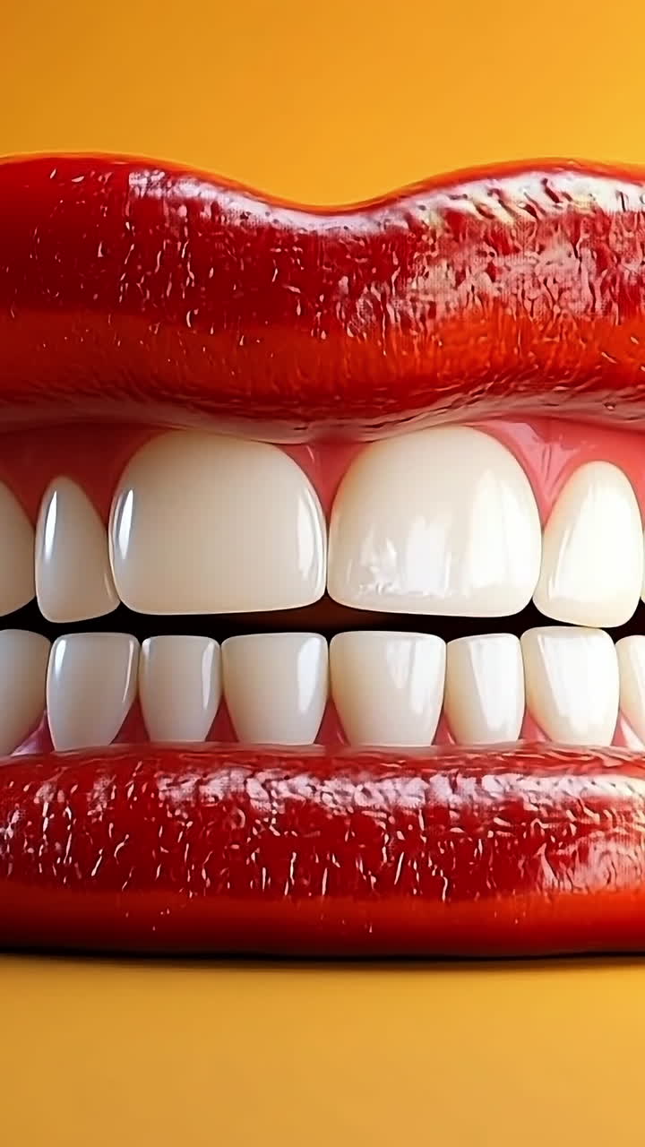 Red chili pepper with a grin. A large red chili pepper forms a mouth displaying bright white teeth against a vibrant yellow background.