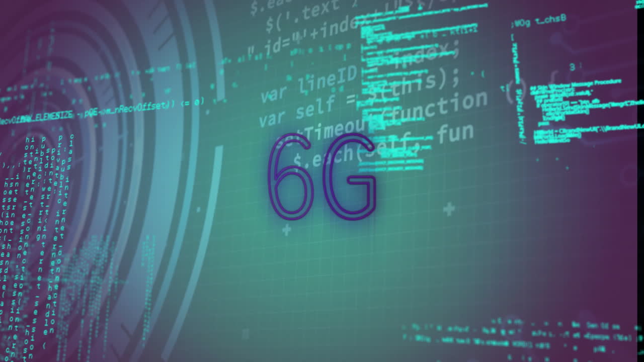 6G text animation over digital data and network graphics in futuristic style