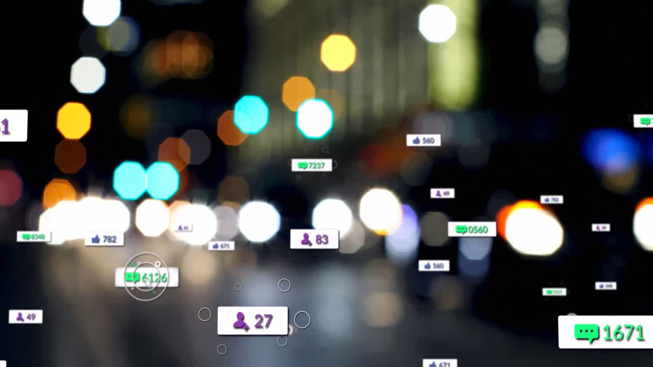 소셜 미디어 아이콘과 숫자의 애니메이션이 초점을 맞추지 않는 교통 신호등