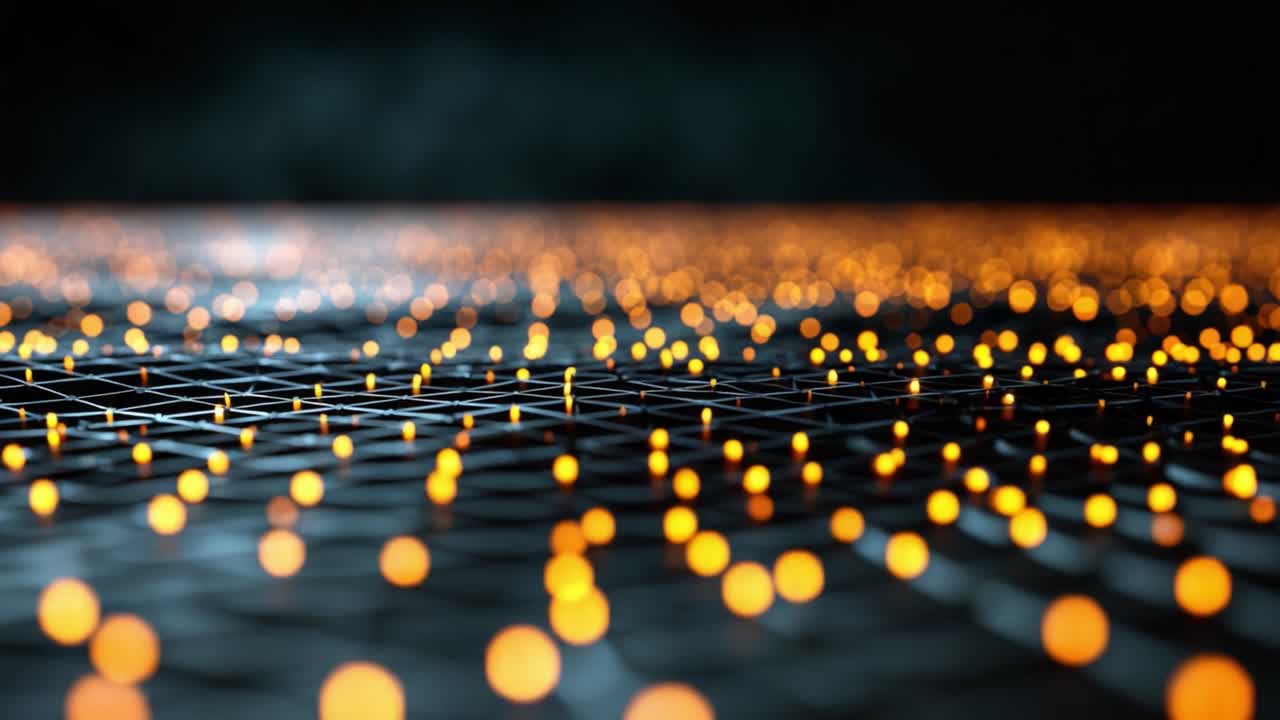 Un visuel époustouflant d'une surface métallique sombre illuminée par d'innombrables orbes lumineux de lumière dorée, créant une atmosphère hypnotisante et immersive emplie d'un sentiment de profondeur et d'émerveillement.
