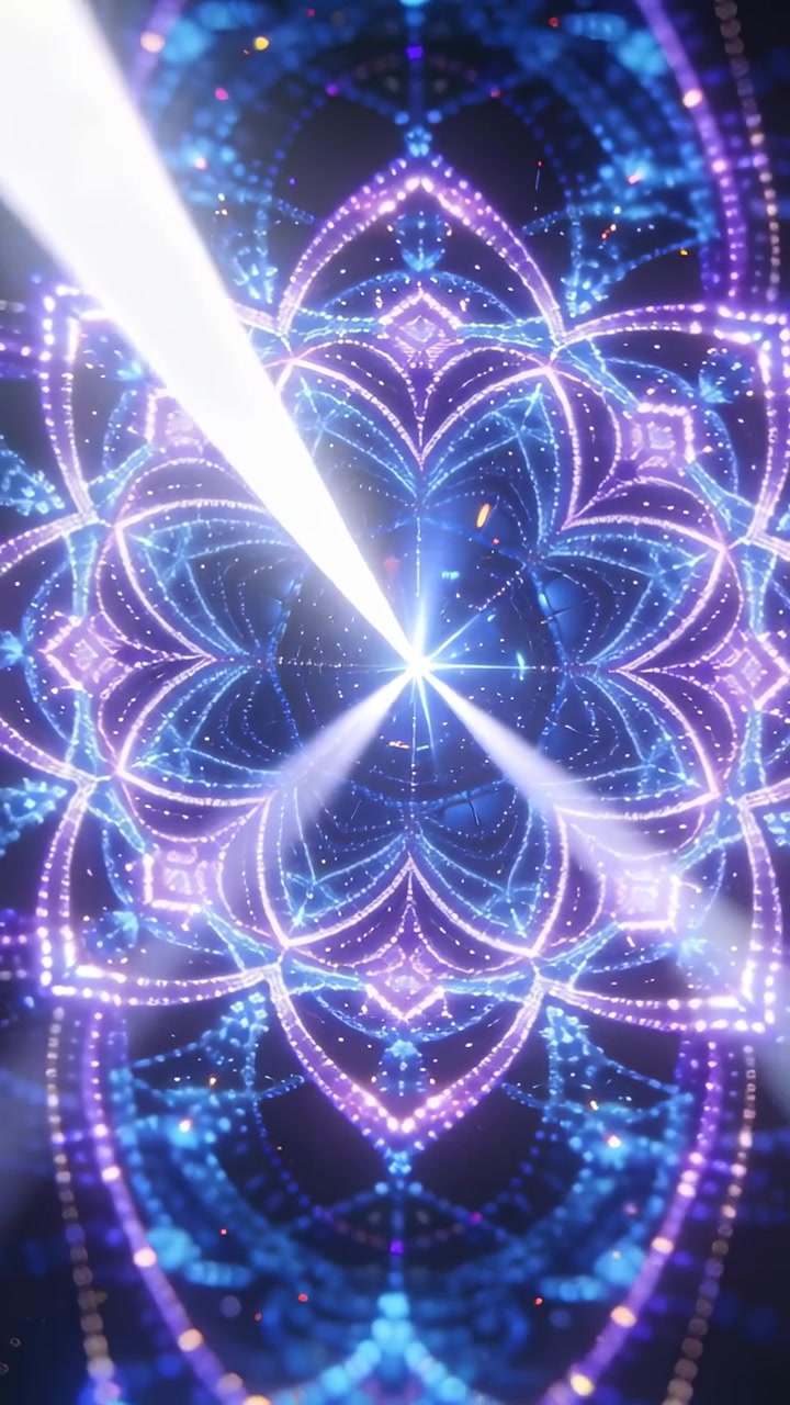 Vertical video: Pulsing mandala meeting beam from left in portrait, creating rings and sparks