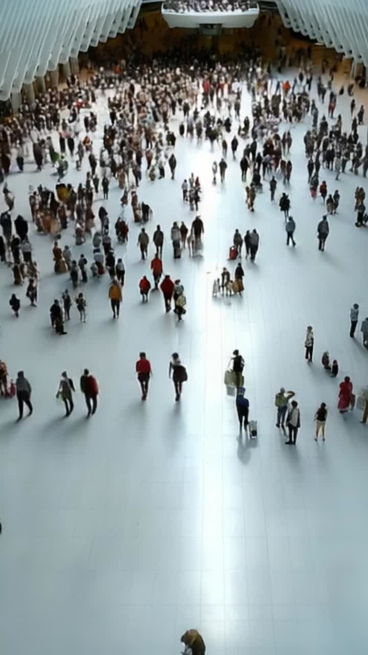 Uno spazio interno affollato, pieno di persone diverse impegnate in varie attività, che cattura l'atmosfera dinamica di un luogo pubblico trafficato.