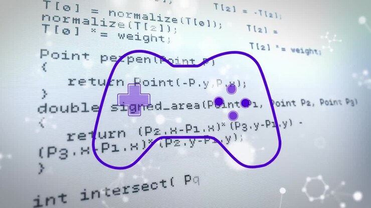 Animation of molecules and gaming pad over data processing on white background