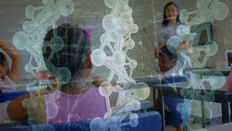 dna strand animation over students learning in classroom with teacher