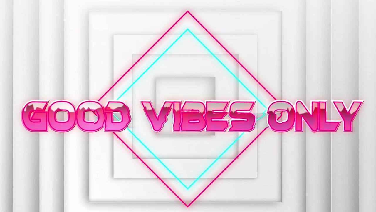Animazione di un testo con scritto “good vibes only” su quadrati su sfondo bianco