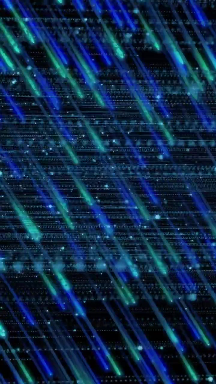 Vertical video: Data rain starting top left, flowing lower right, streaks brightening, showing data