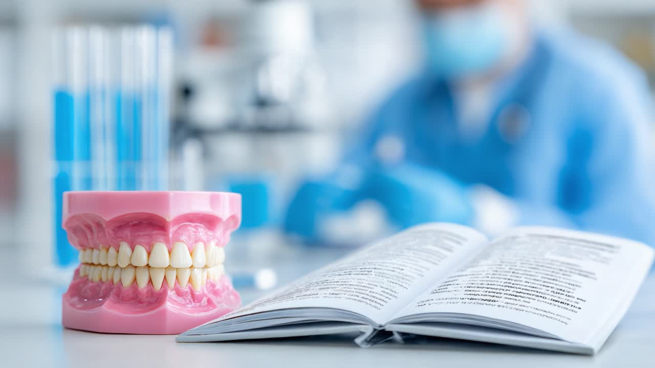 Exploring Dental Anatomy: A Close-Up of a Model Mouth and an Open Textbook in a Laboratory Setup, Highlighting the Study of Oral Health and Hygiene Practices