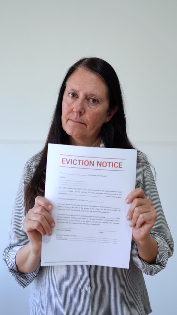 Sad woman looking at the camera and holding an eviction notice. Concept of not paying the rent. Vertical shot