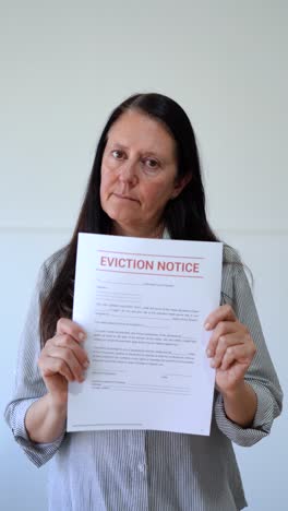 sad woman looking at the camera and holding an eviction notice. concept of not paying the rent. vertical shot