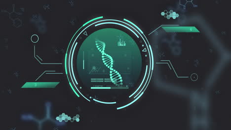 Animation-of-network-of-connections-with-dna-strand-over-chemical-formula