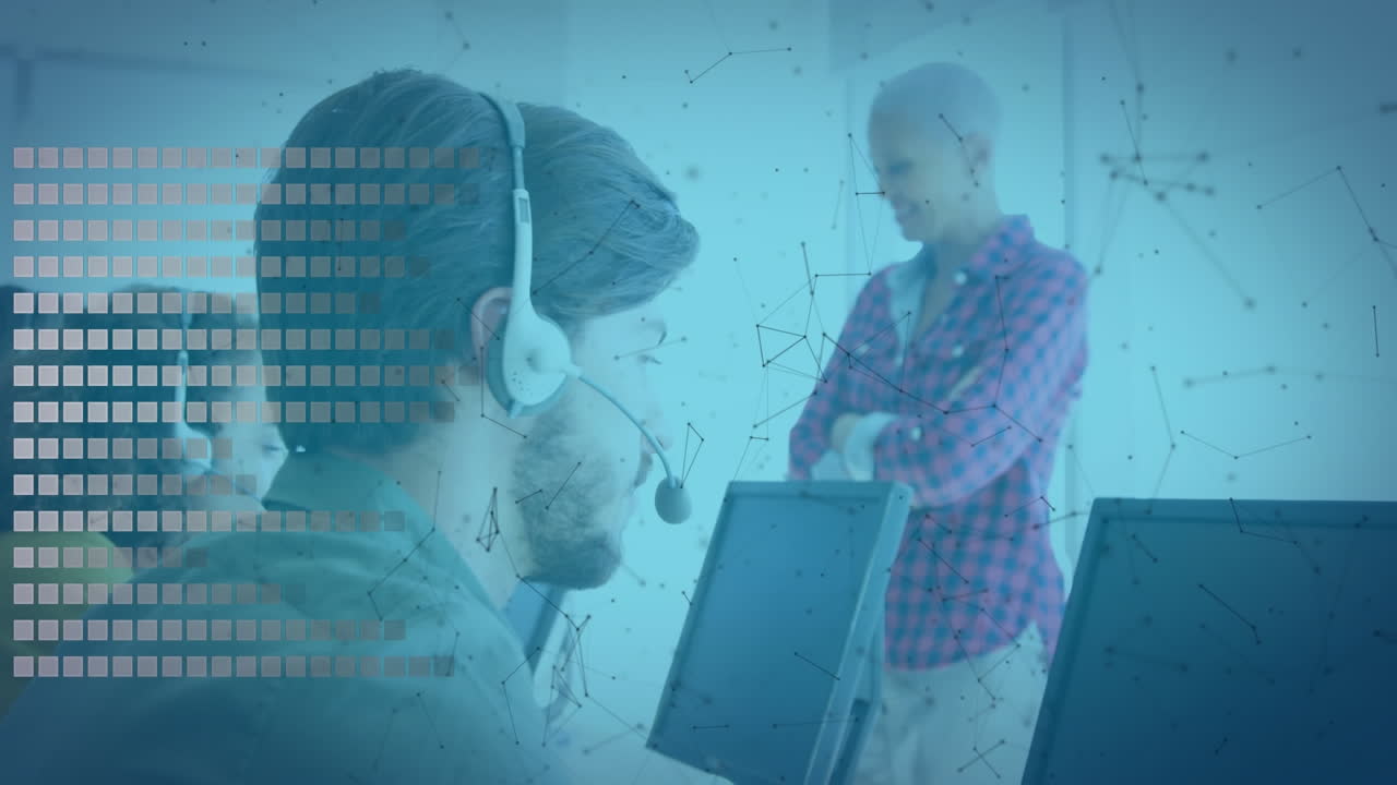 Animated multi-ethnic call center team with tech web concept.