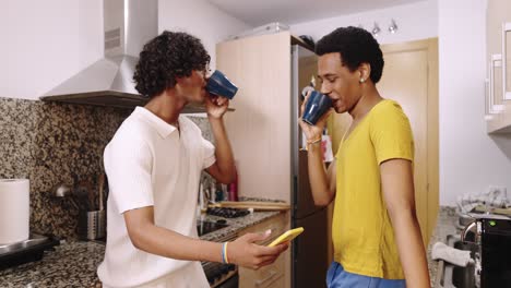 two men drinking coffee and having fun in the kitchen