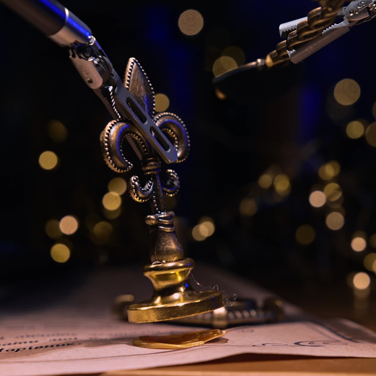 Surgical robotic equipment takes a metal stamp. Da Vinci futuristic robot makes a seal on the letter. Dark blurred backdrop with lights