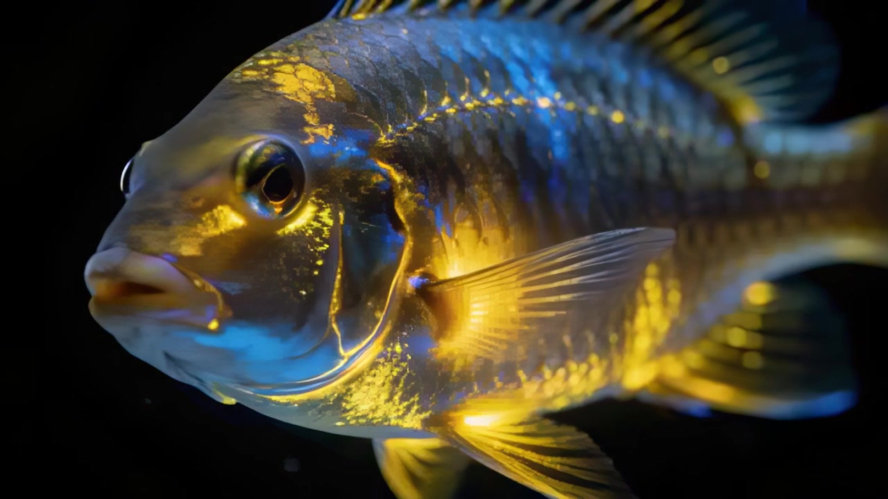 Aufnahme von Zierfischen im Aquarium, die langsam durch ein dunkles Becken schwimmen und einen blauen und goldenen Glanz zeigen.