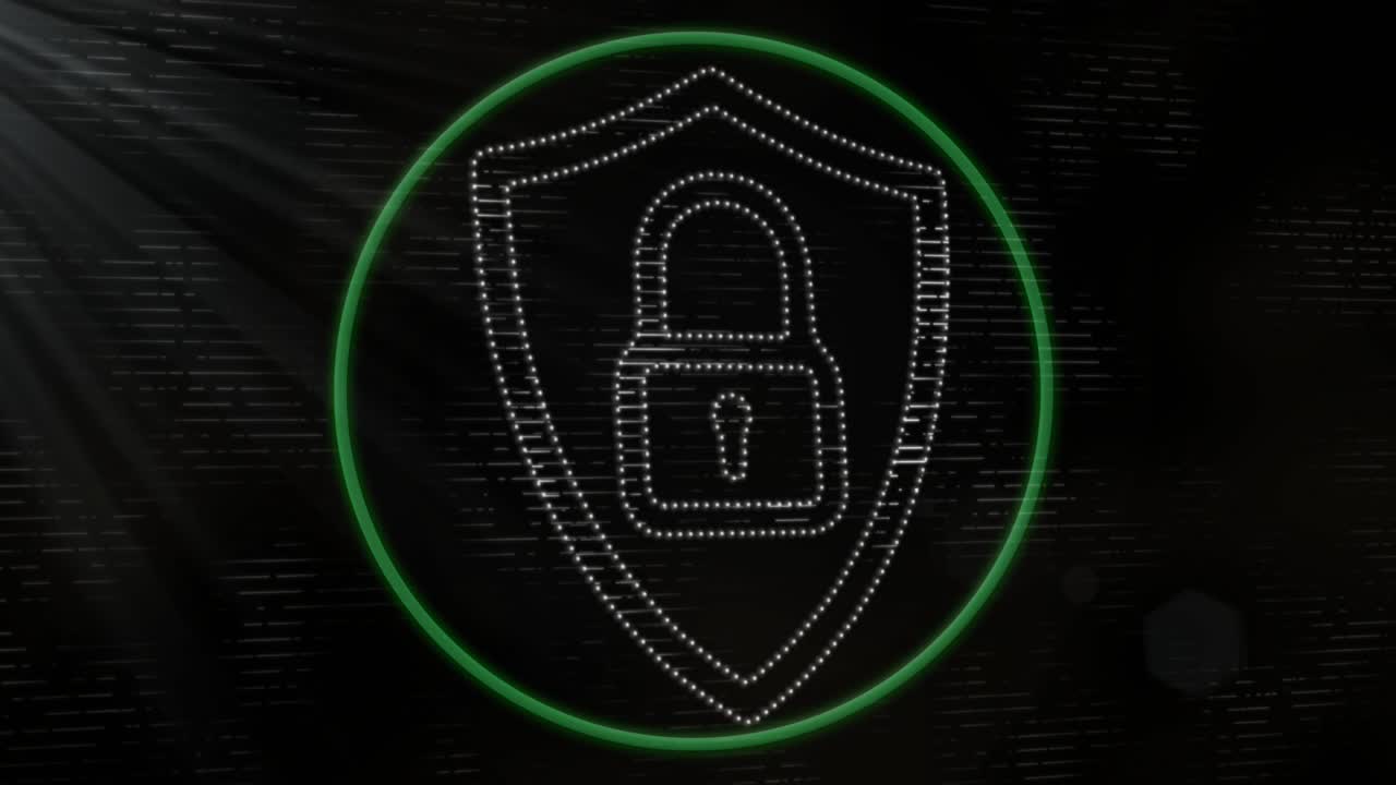 Light beam sweeping glitch screen initiating shield padlock forming in green ring showing security