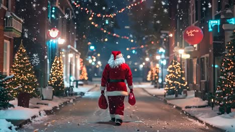 a person dressed as santa claus walking down a snowy street at night