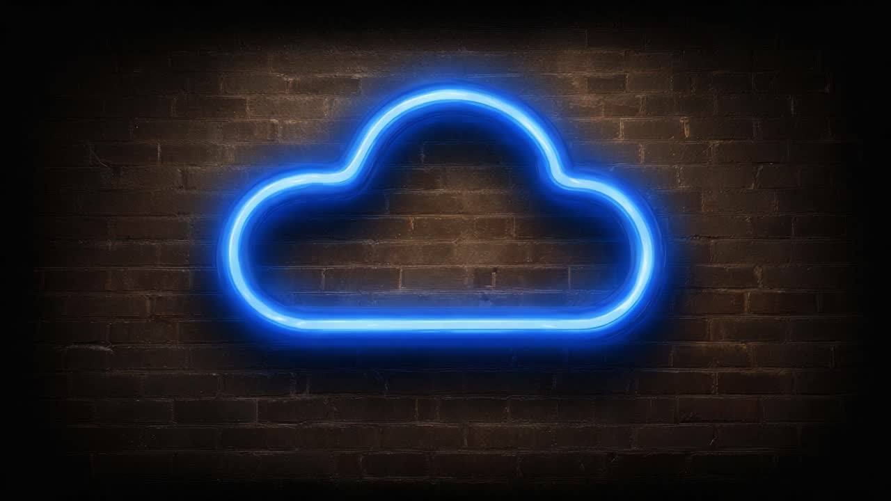 A Captivating Sequence of Illuminated Neon Cloud Art on a Rustic Brick Wall, Showcasing the Unique Glow and Texture of Modern Urban Design