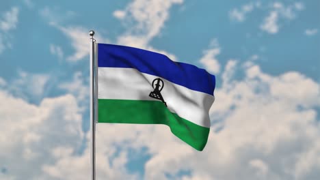 Lesotho-flagge,-Die-Im-Realistischen-4k-video-Des-Blauen-Himmels-Weht