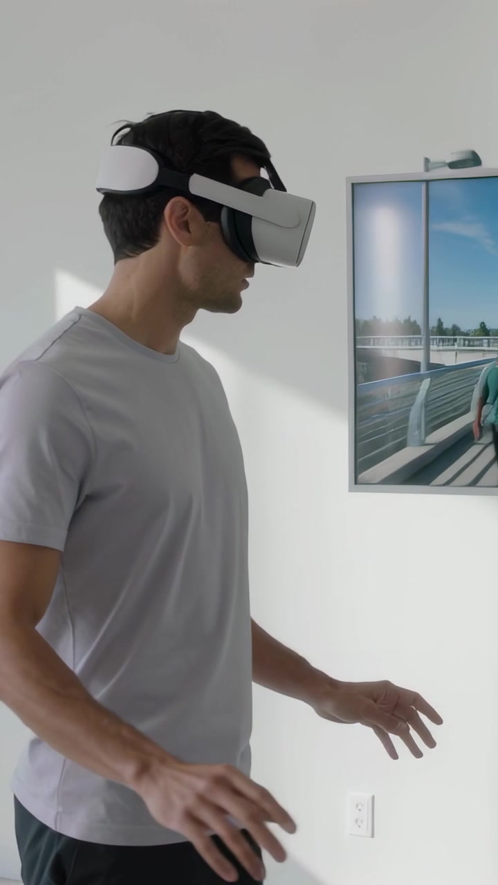 Video verticale: Attivazione di un visore VR bianco, un uomo con maglietta grigia che fa un passo e scansiona la stanza per la realtà virtuale.