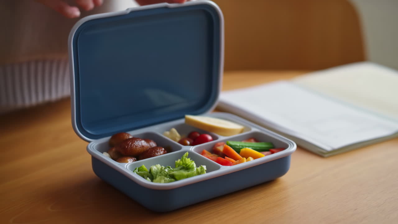Nahaufnahme: Hände öffnen eine Bentobox mit verschiedenen gesunden Lebensmitteln