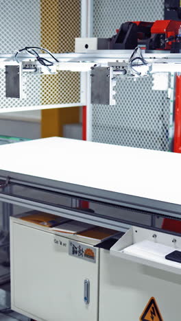 automated equipment at working process. robotic production of a new detail on conveyor on the modern factory background. vertical video