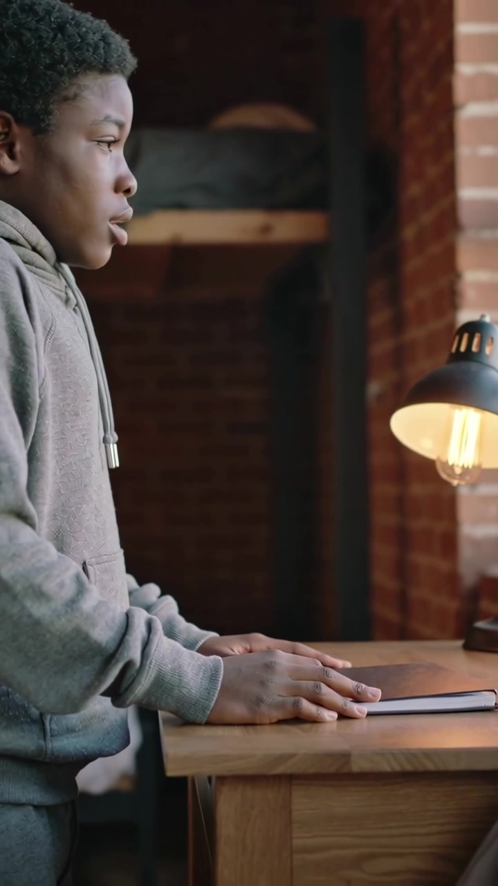 Vertikal video: Tenåring i hettegenser tar med notatbok og glatter den ut på pulten i et loft for å studere, med plass til tekst
