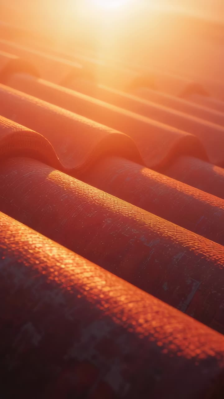 Vertical video: Panning camera over corrugated roof on rooftop as sun shifts, showing aged texture