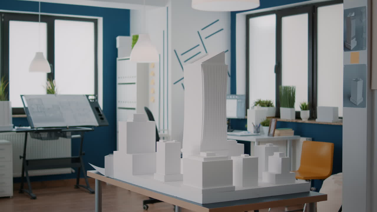 Close up of building model on table to design construction layout in architectural office