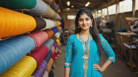 confident indian textile factory worker posing with hand on hip in front of colorful fabric rolls in a warehouse, small business and female empowerment concept