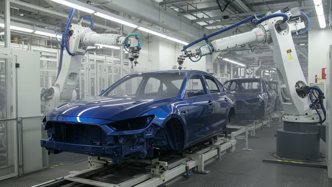 Automated Robot Arms Assembling Blue Car Bodies in a High-Tech Manufacturing Facility - A Futuristic Look at the Automotive Production Line