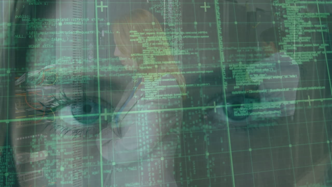 Animation af databehandling over kvindelig IT-tekniker ved serveren