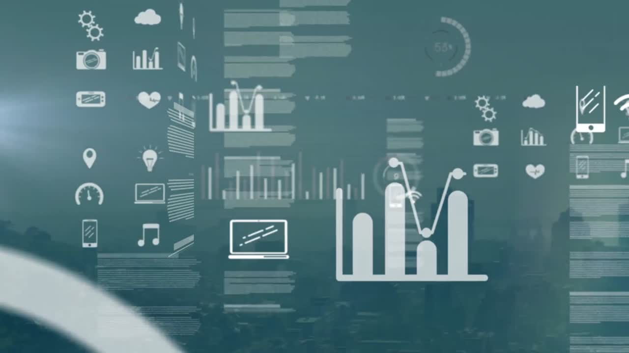 Animation of data processing and icons over cityscape