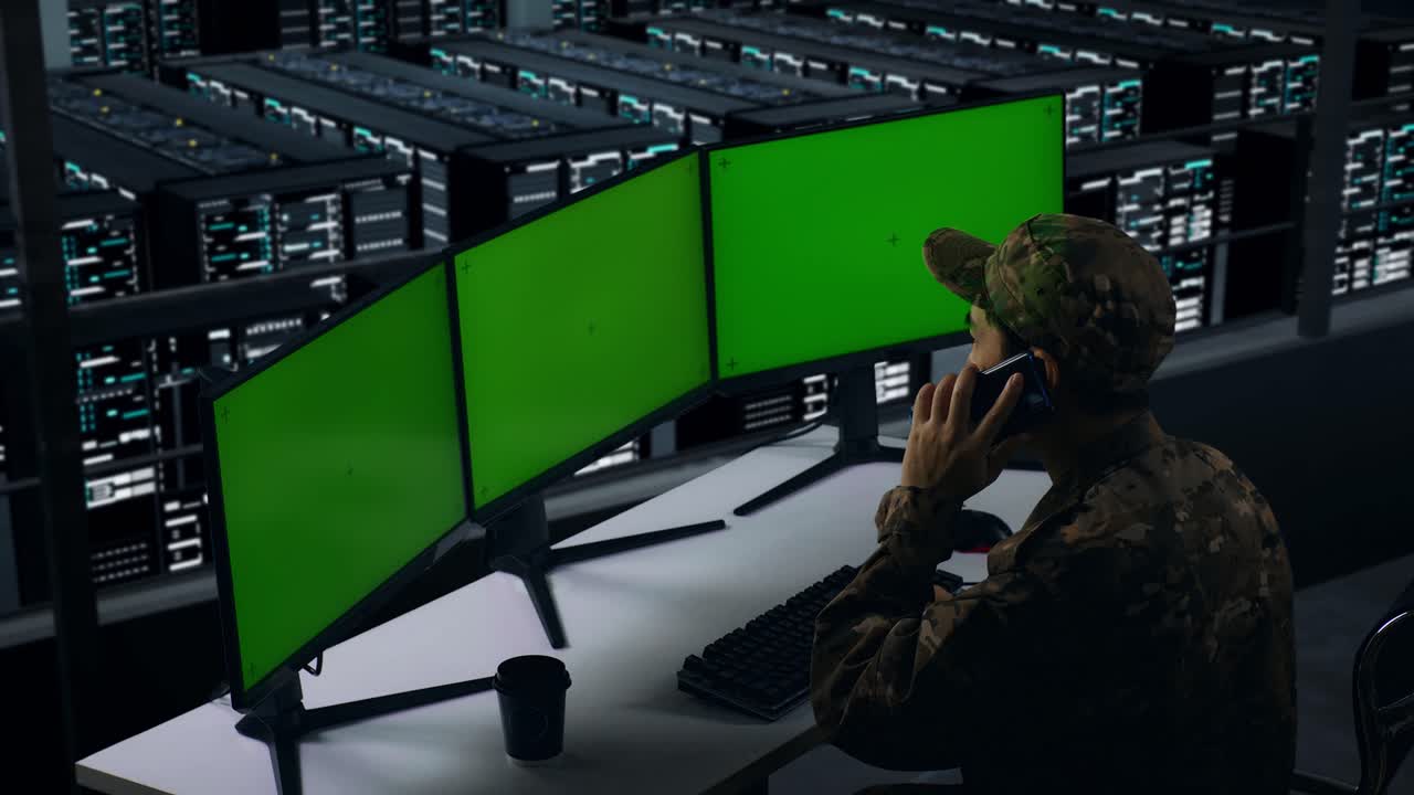 vista lateral de militares asiáticos hablando en teléfono móvil mientras trabajan con monitores simulados de múltiples computadoras en el centro de datos