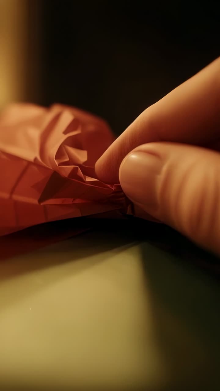 Vertical video: Pinching thumb and index finger twisting red wrapper on home table to seal it