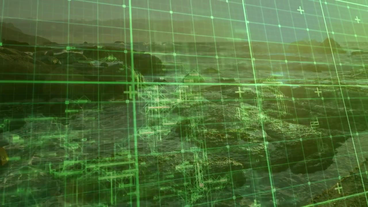Translucent green HUD grid, triggered by crosshair pulse, shifting and scanning rocky shore