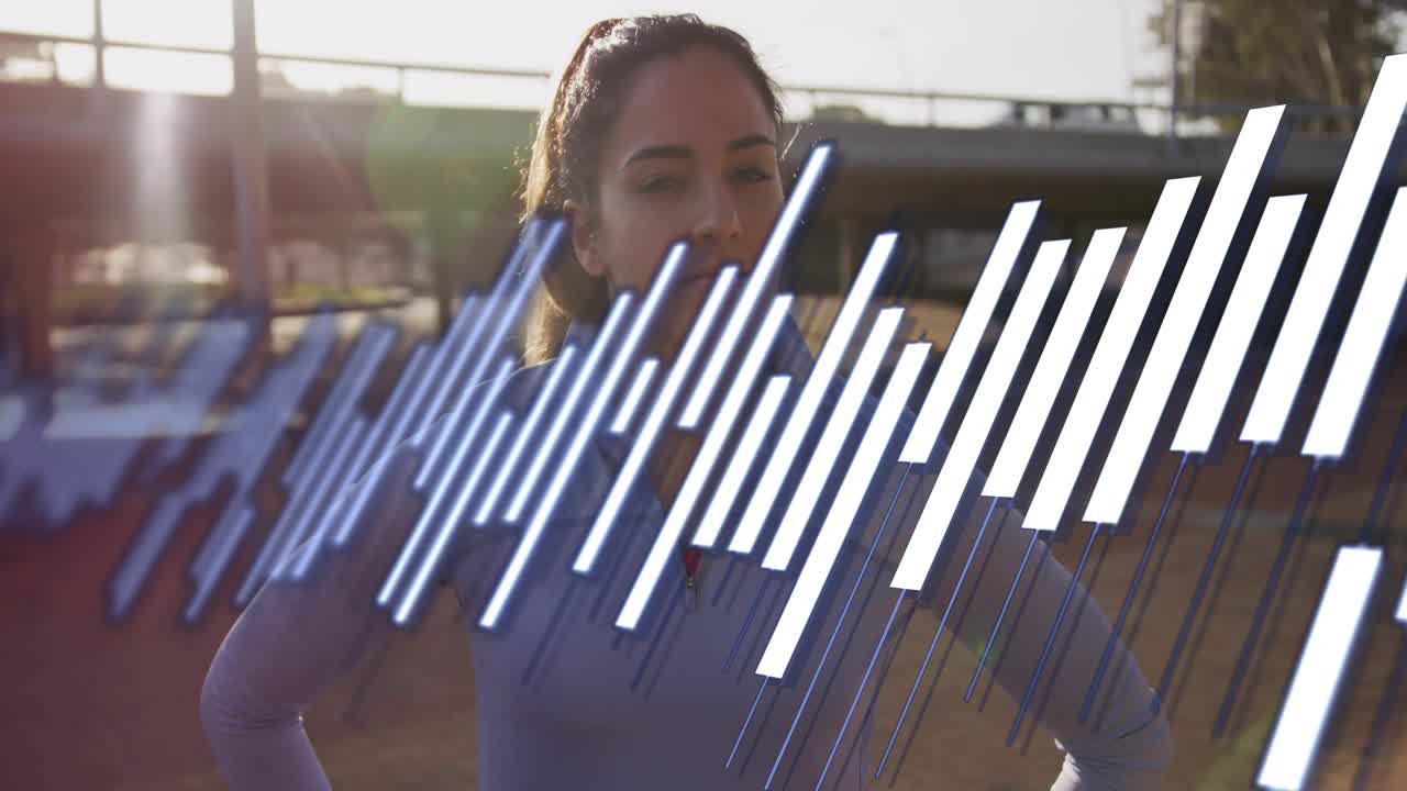 Female athlete standing on track, scanning lanes as sports analytics waveform fading and pulsing