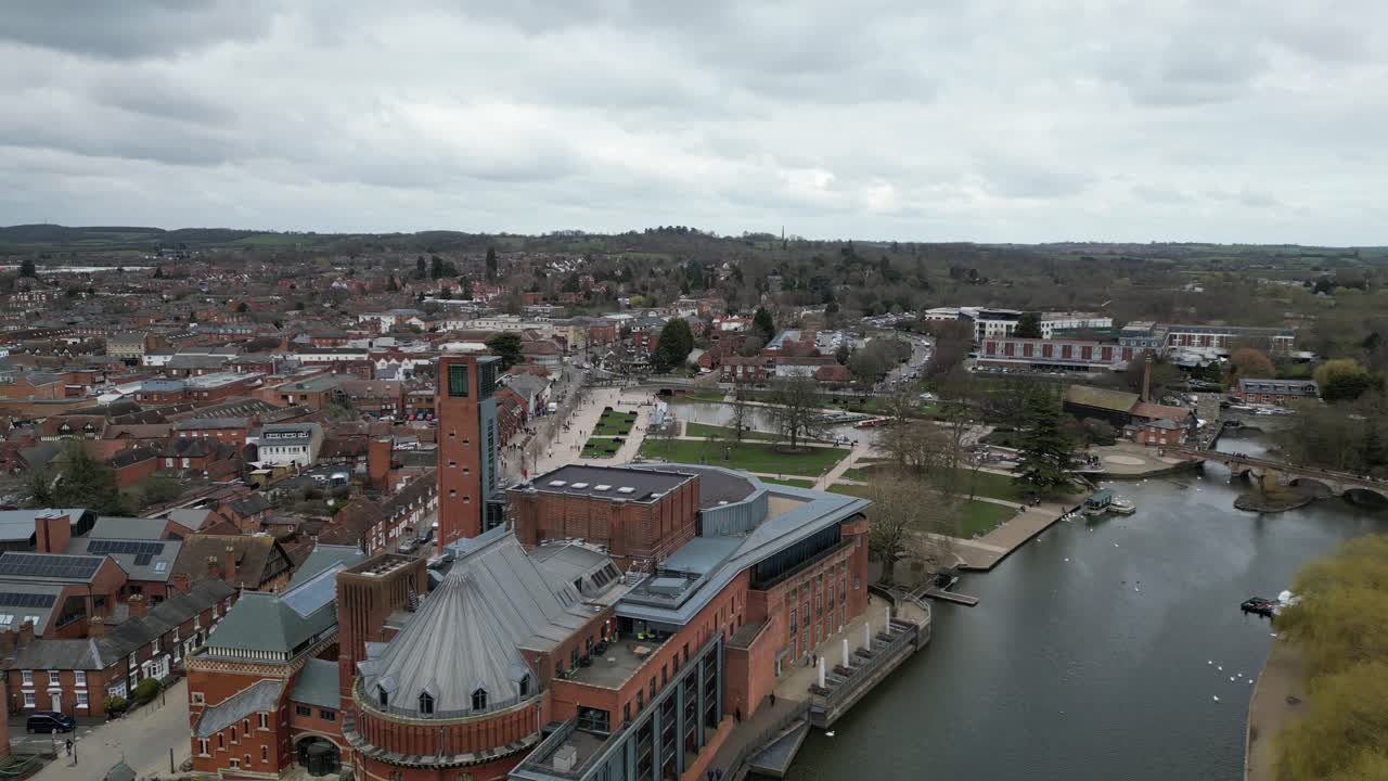 Swan theatre and Royal Shakespeare Theatre Stratford upon Avon England drone aerial view