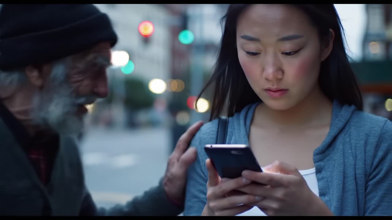 An Intimate Encounter on the Street: A Woman's Focus on Her Phone Amidst a Homeless Man's Plea Highlights the Contrast of Their Worlds and Human Connections