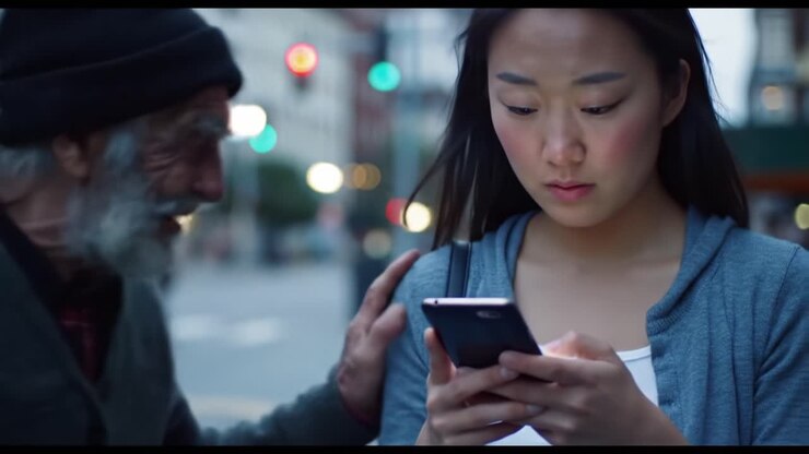 An Intimate Encounter on the Street: A Woman's Focus on Her Phone Amidst a Homeless Man's Plea Highlights the Contrast of Their Worlds and Human Connections