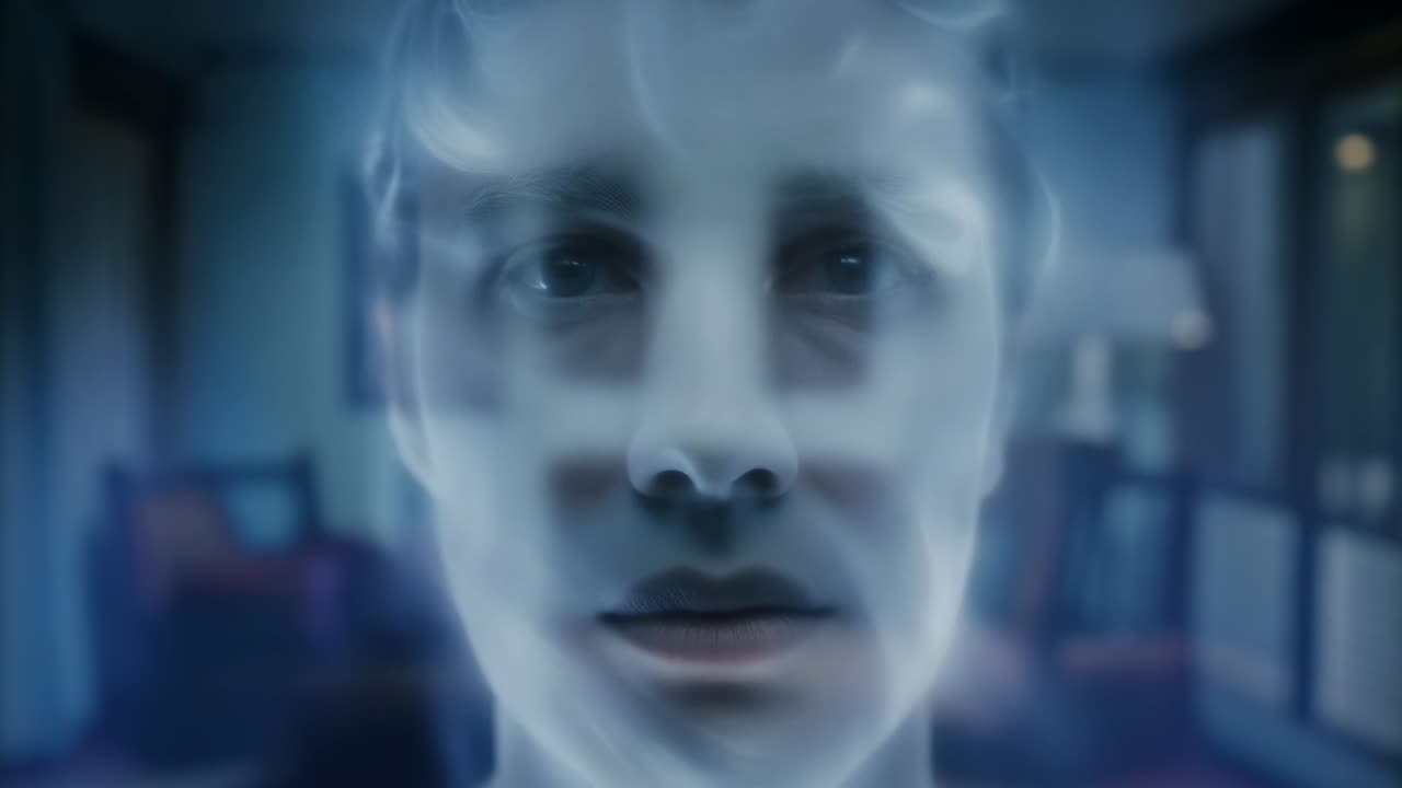 Zooming camera drawing man's face closer in lounge, showing cyan window reflections and face detail