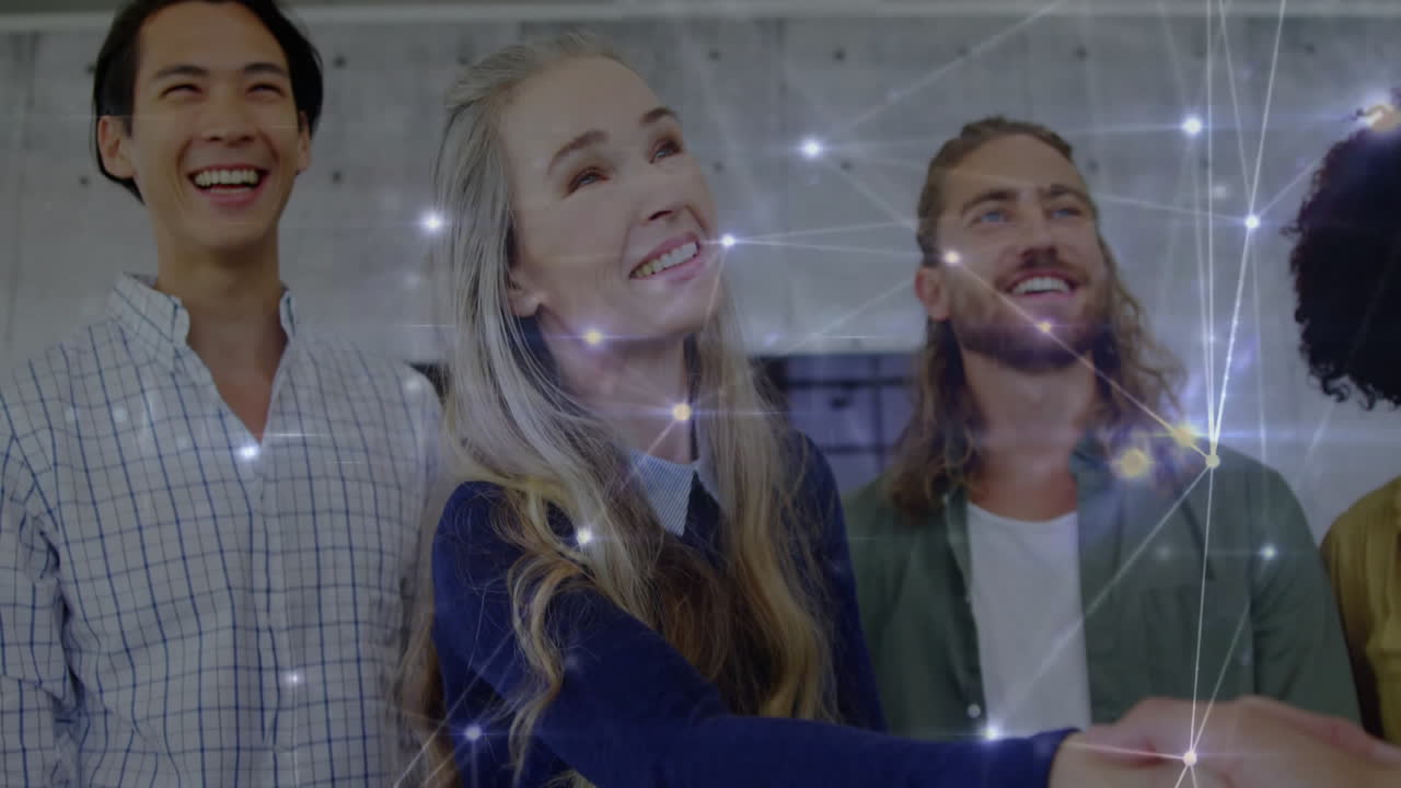 Shaking hands, diverse business people with network connections animation over them