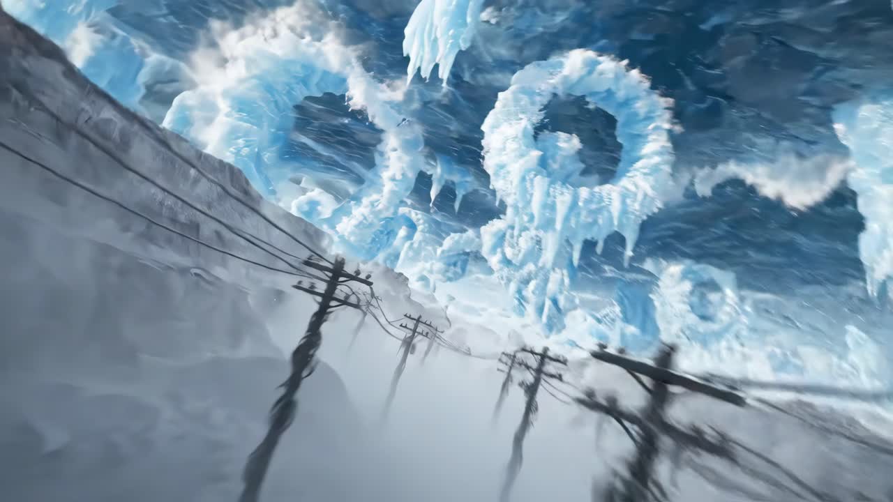 Dynamic Surreal Landscape with Gears, Ice Formations, and Skull Tent